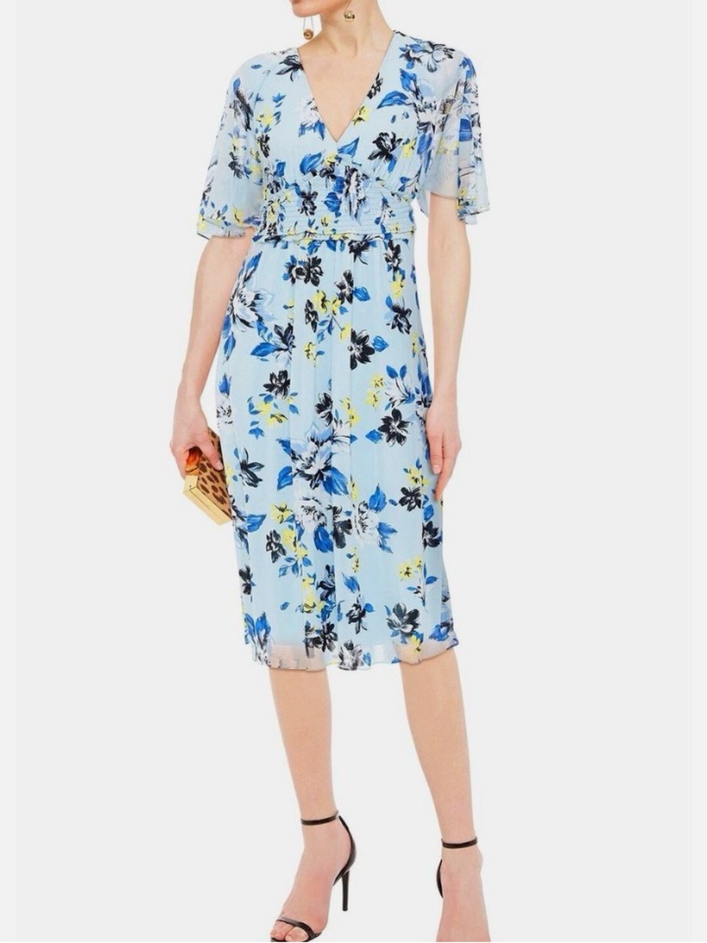 Diane Von Furstenberg Light Blue Floral smocked Midi Dress